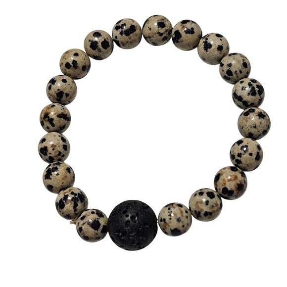 Dalmatian Jasper Lava Stone Beaded Stretch Bracelet Positive Joy Boho Jewelry - Picture 1 of 3
